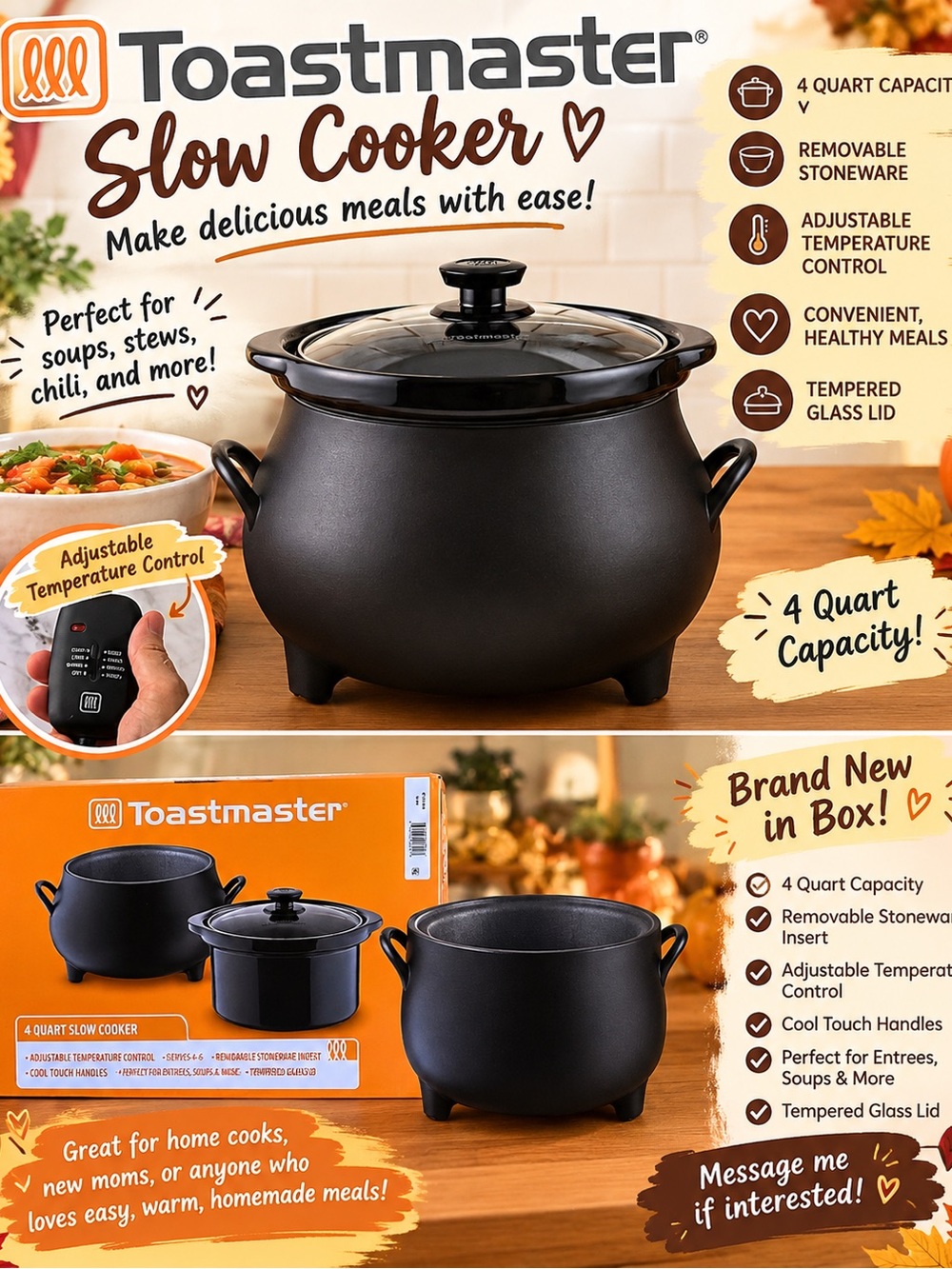 4-Quart Black Slow Cooker with Glass Lid